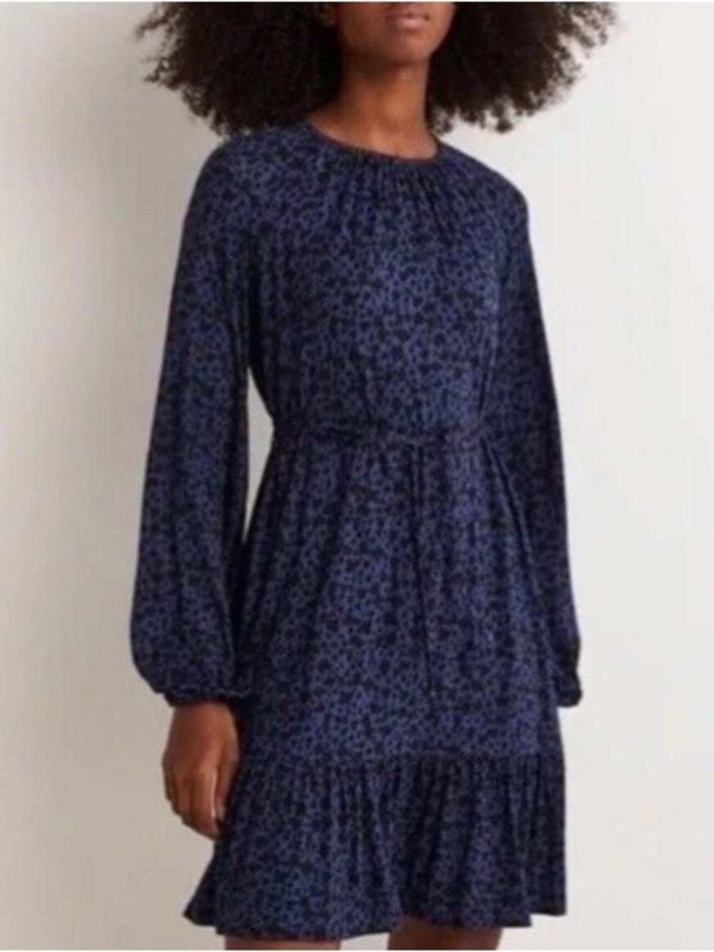BODEN Crew Neck Blue Leopard Long Sleeve Tie Waist MIDI Dress Sz 10L Preppy